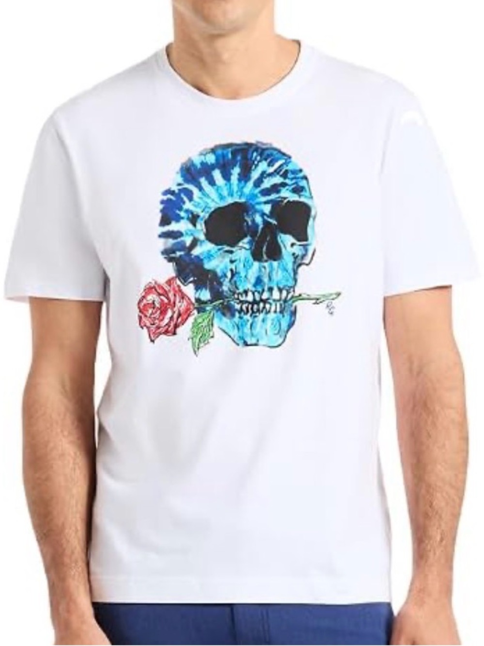 Robert Graham White Tee with Blue Skull and Red Rose Graphic